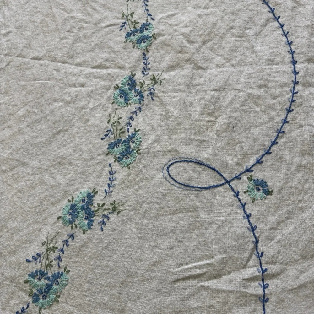 Blue Flower Hand Embroidered Rectangle Table Cloth 48